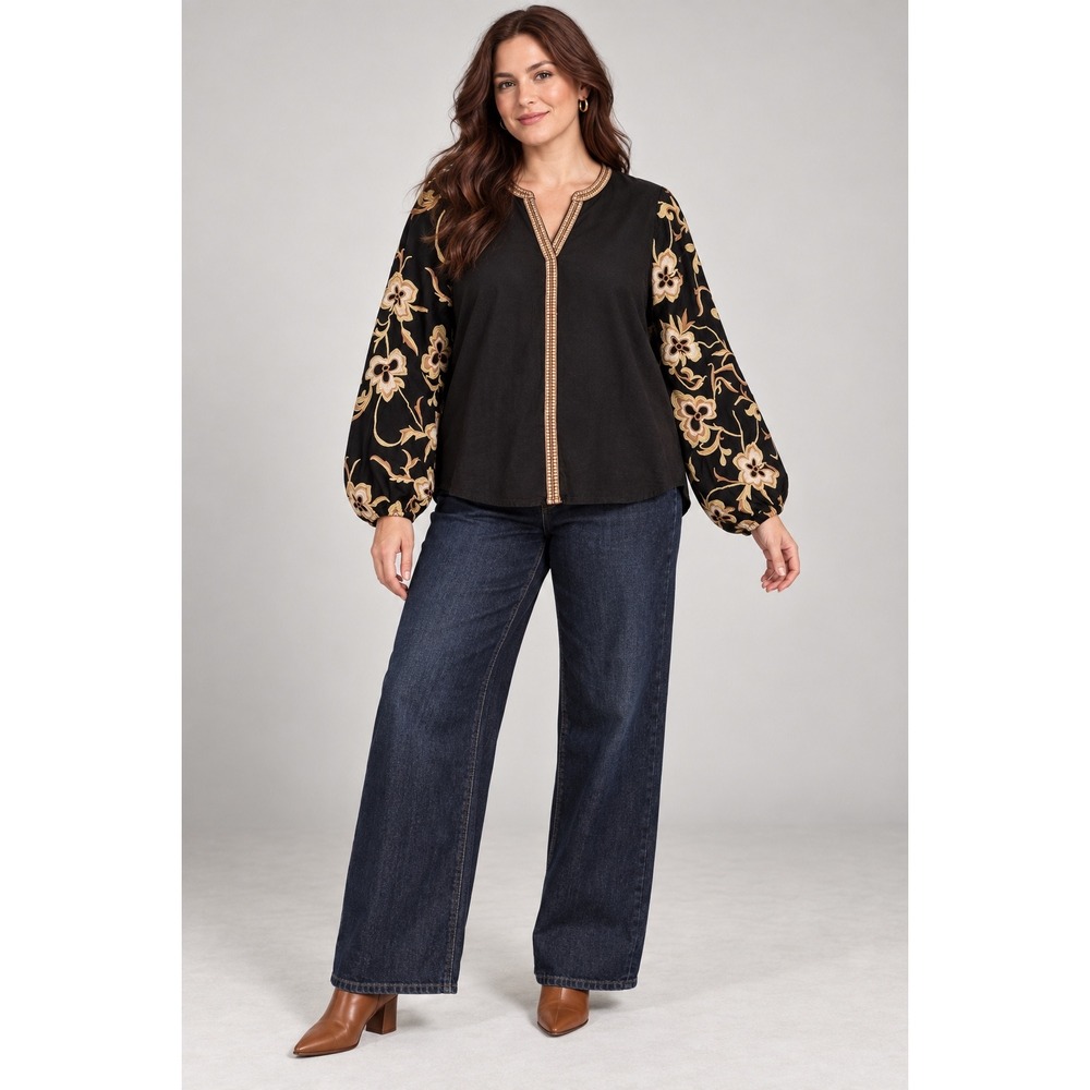 Calypso St Barth Black Embroidered Floral Blouse L Boho Y2K Cottagecore Cotton